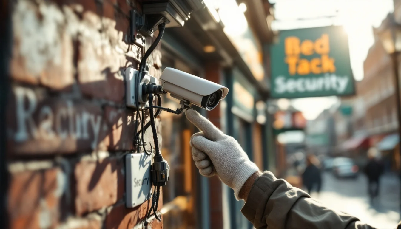 Business Security Systems Cost UK — A security engineer in uniform installing a CCTV camera on the exterior of a Bri Business Security Systems Cost UK — A security engineer in uniform installing a CCTV camera on the exterior of a Bri