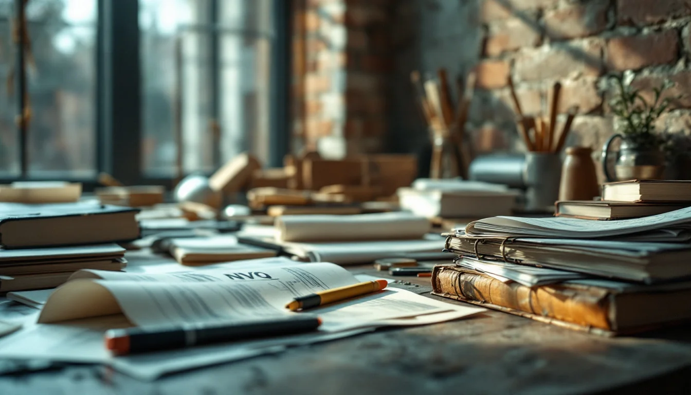 Construction NVQ Explained — A group of construction trainees and an assessor discussing NVQ portfolios in a Construction NVQ Explained — A group of construction trainees and an assessor discussing NVQ portfolios in a