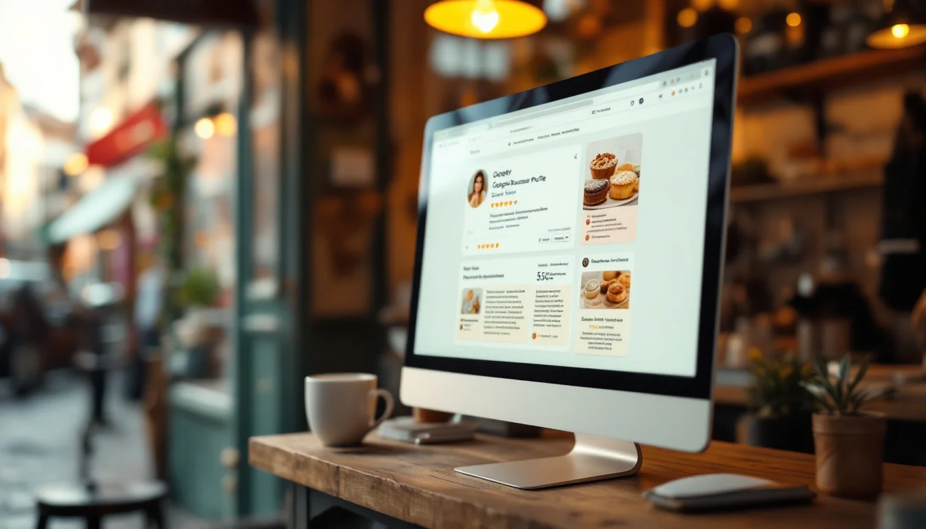 How To Get More Google Reviews For A Small Business UK — A computer monitor displaying a detailed Google Business Profile for a UK small How To Get More Google Reviews For A Small Business UK — A computer monitor displaying a detailed Google Business Profile for a UK small