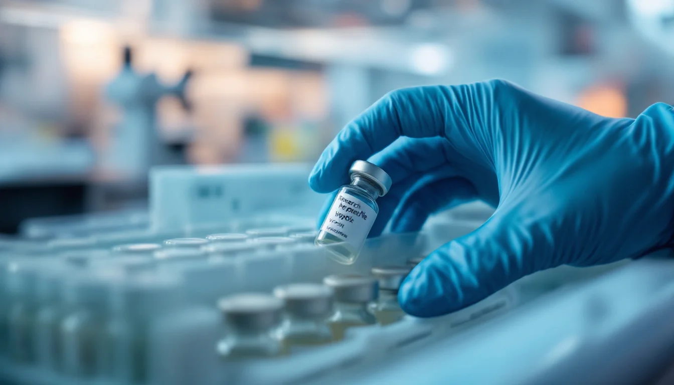 Research Peptides UK Buying Guide For Laboratories — Close-up shot of a gloved hand selecting a research peptide vial from a refriger
