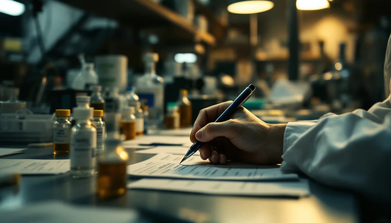 Research Peptides UK Buying Guide For Laboratories — Lab technician in a UK research facility reviewing batch documentation and Certi
